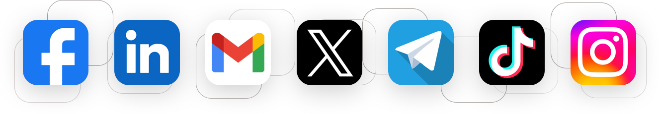 Facebook、LinkedIn、Gmail、X、Telegram、TikTok、Instagram 平台图标